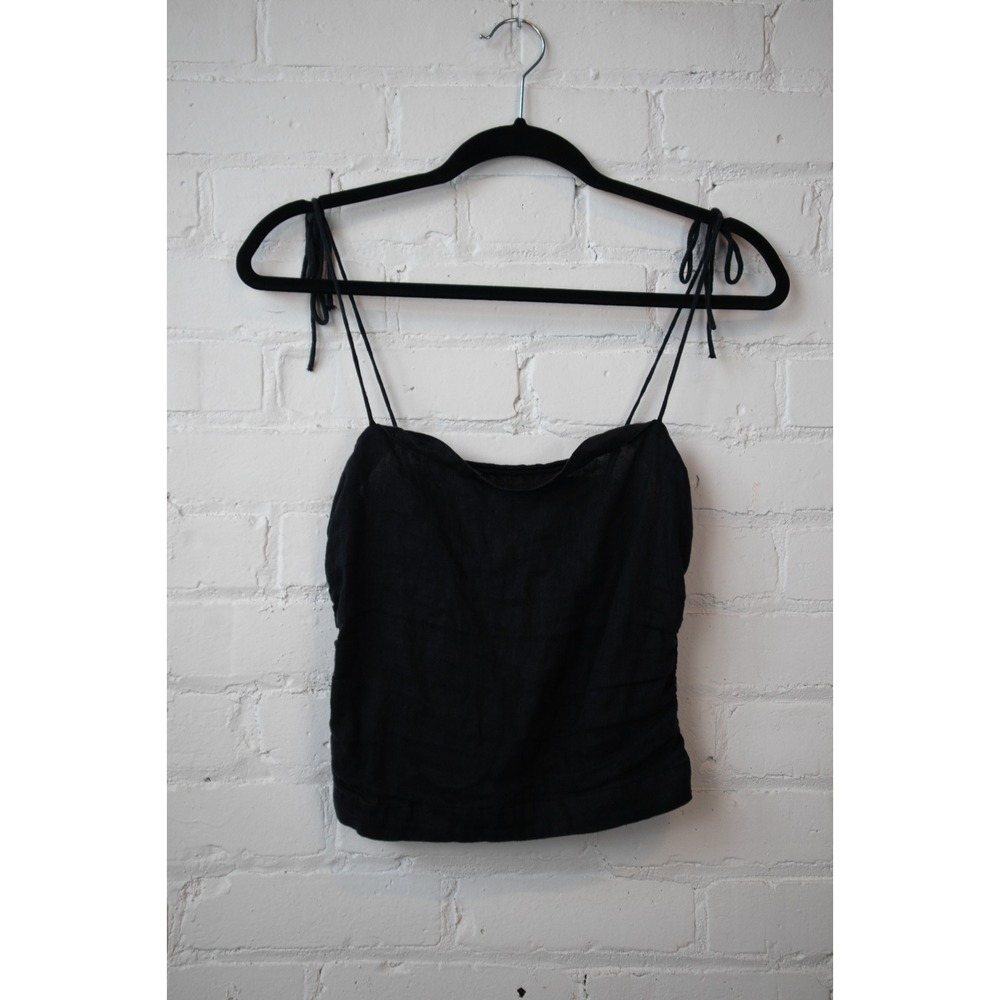 Black Tie Shoulder Camisole Top Ruched Side Spaghetti Strap Cropped Tank